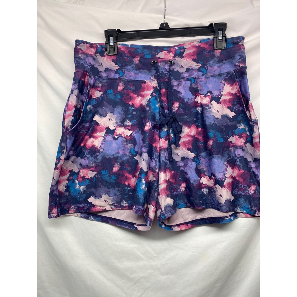 Bally Total Fitness Purple Pink Cloud Print Athletic Shorts Womens Large Pockets